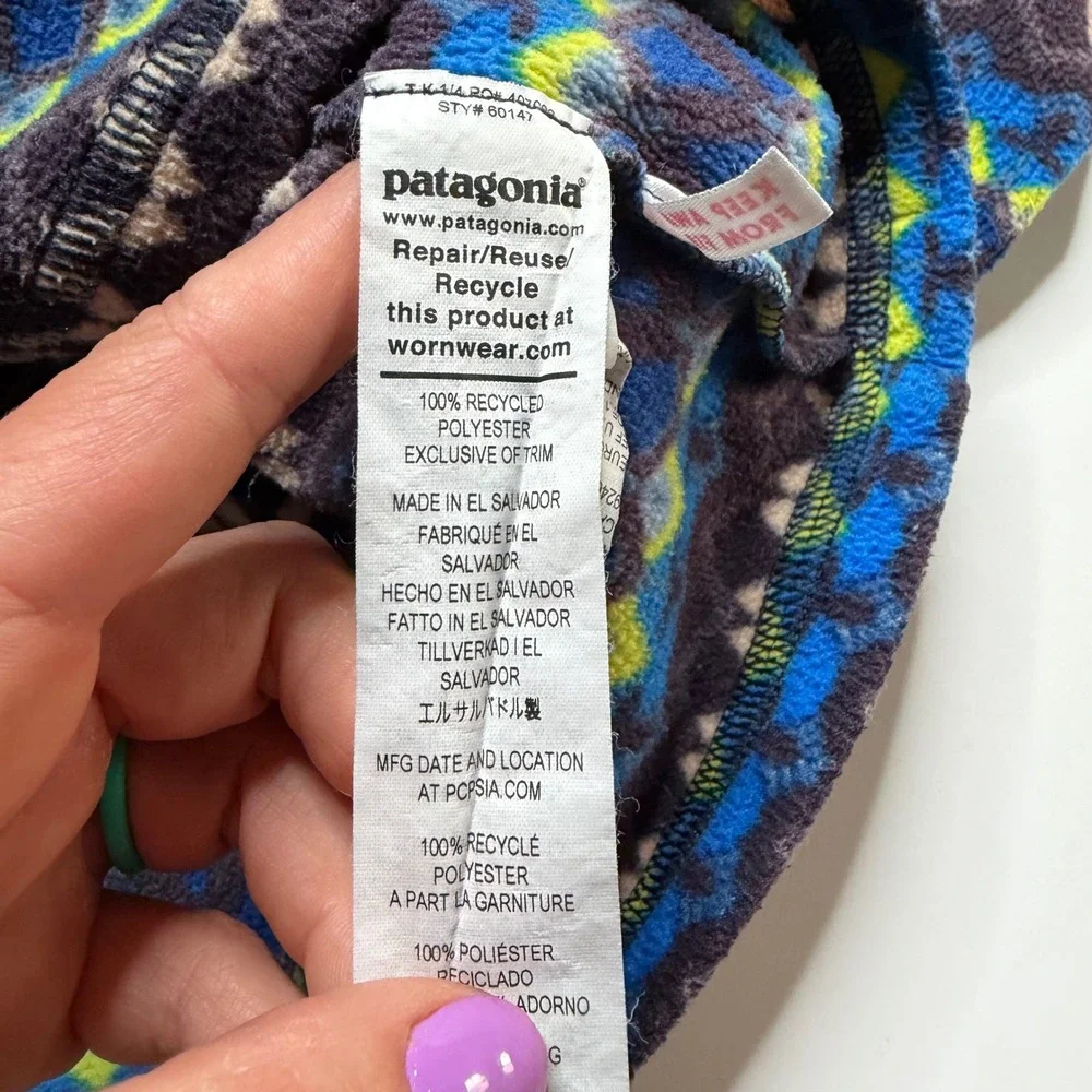 PATAGONIA Fleece Pullover Blue Geometric Fair Isle Micro D Kids 5T PLAY COND